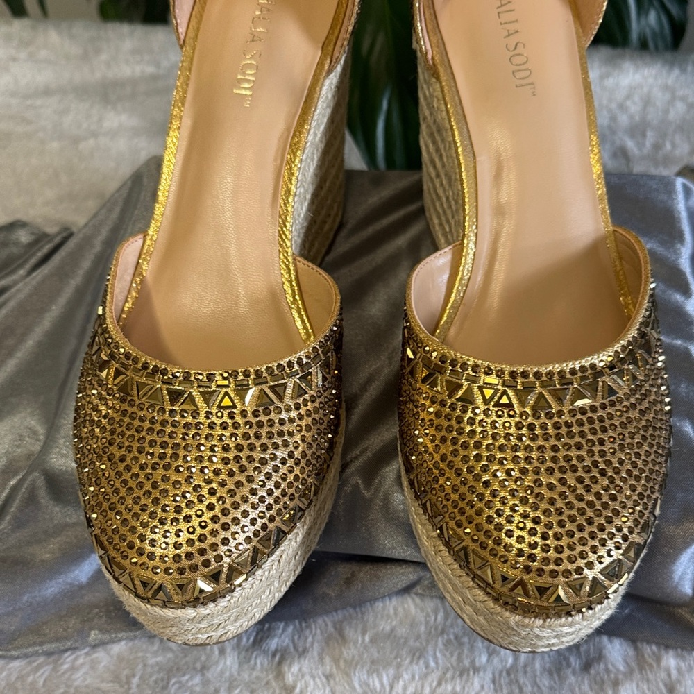 Thalia Sodi Mika Metallic Gold Espadrille Wedge Shoe Size 10M - Picture 5 of 11